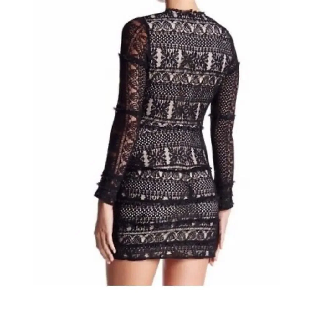 PARKER LACE RUFFLE LONG SLEEVE CONTRAST DRESS BLACK Size Medium